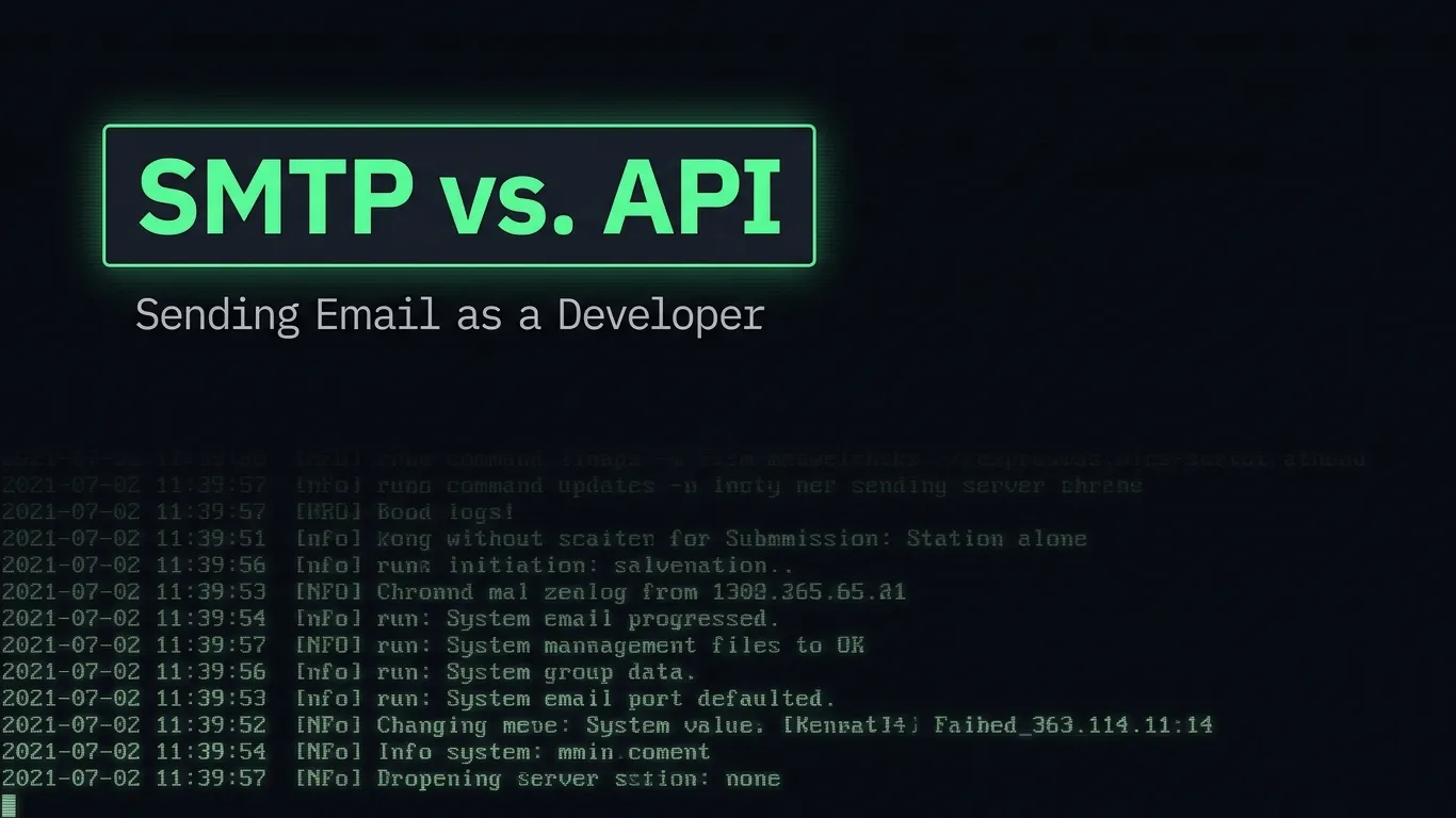 Retro terminal-style illustration representing developers sending email via SMTP and APIs.