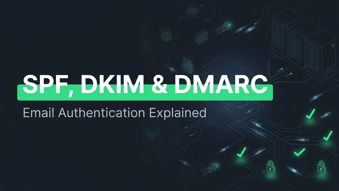 Abstract technical illustration representing SPF, DKIM, and DMARC email authentication on a dark background.