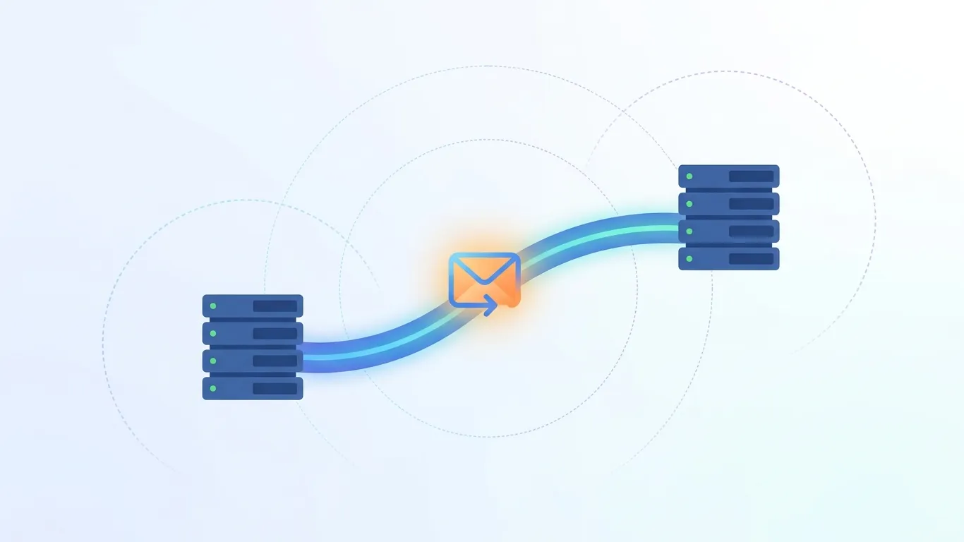 Illustration of an email traveling between two mail servers, representing how business email hosting delivers messages
