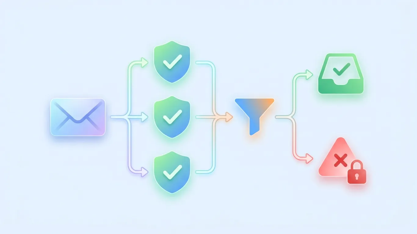 Diagram showing an email passing through three authentication checks before a delivery decision is made