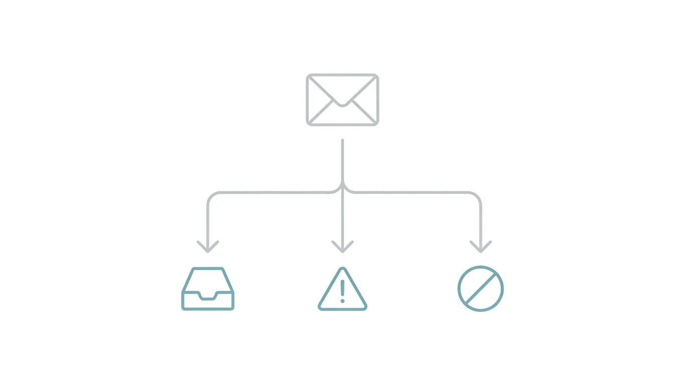 Diagram showing an email message branching into three possible policy outcomes.